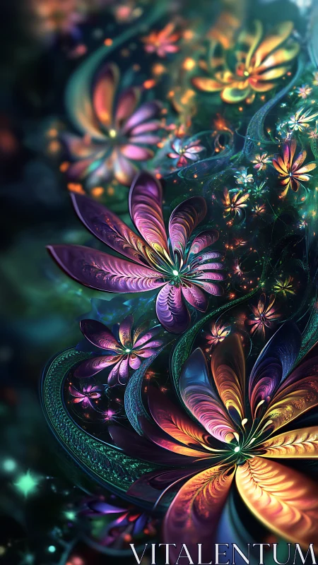 Luminescent fractal blooms swirling through cosmic night.