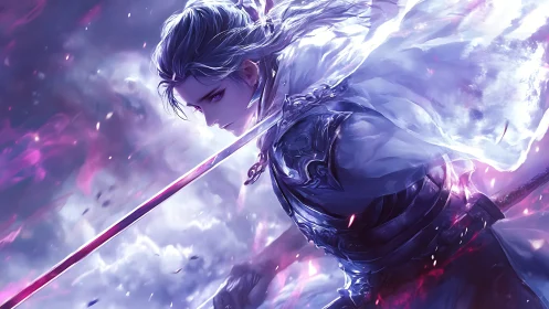 Mystical sword bearer strides through glowing twilight storm.