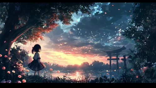 Twilight lake girl beneath blossoms and distant torii gate.