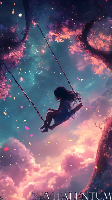 Dreamlit girl swinging through cosmic twilight sky.