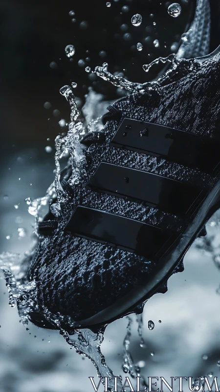 High-speed macro capture shows water impact on black knit sneaker