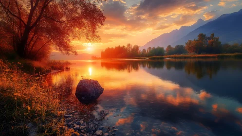 High-saturation lake sunset with specular water reflections and haze