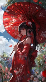 Crimson parasol maiden wandering through painted springlight.