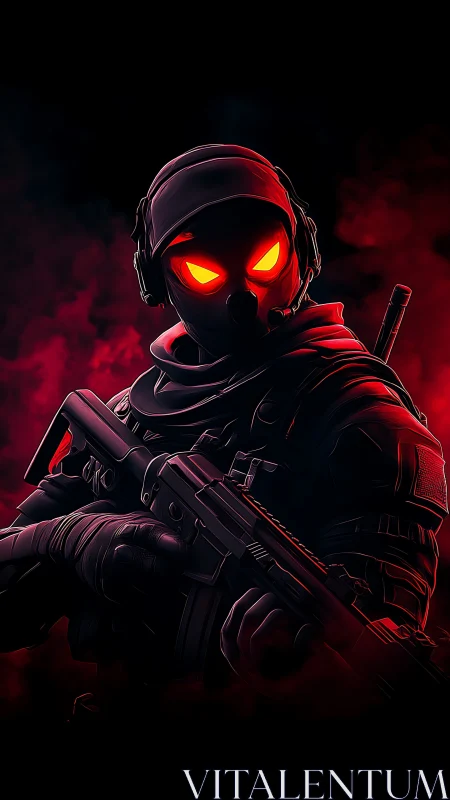 Tactical soldier with glowing red eyes in dark smoke field.