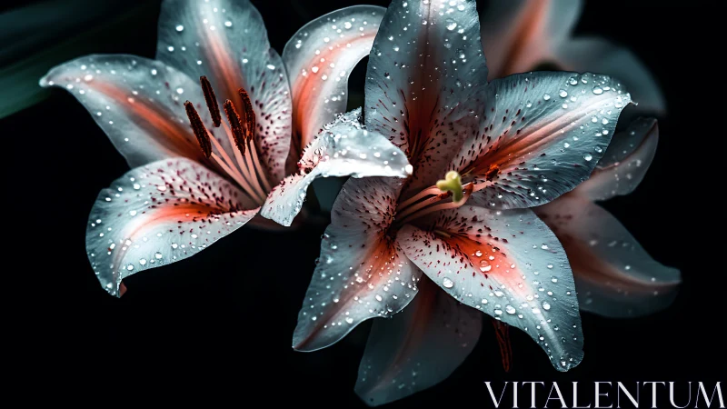 Rain-Kissed Lilies Against Darkness.