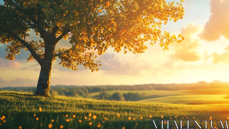 Single deciduous tree stands on grassy slope at sunset light