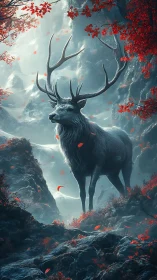 Stag standing in misty valley with red autumn foliage.