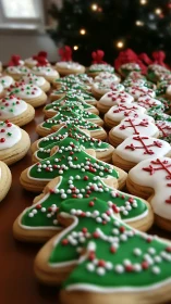 Shallow‑focus array of iced Christmas sugar cookies on table.