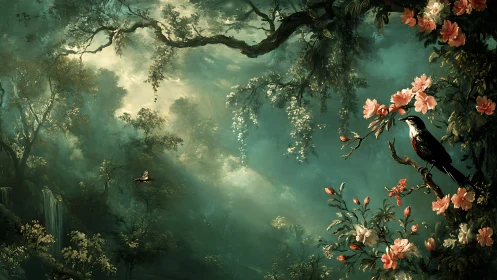Forest scene with perched bird and flowering branches.