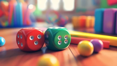 Colorful dice rest on a sunny playroom table, inviting fun