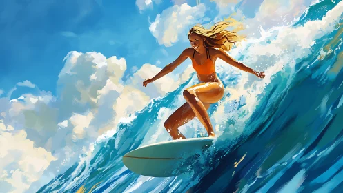 Dynamic digital painting of female surfer carving sunlit wave