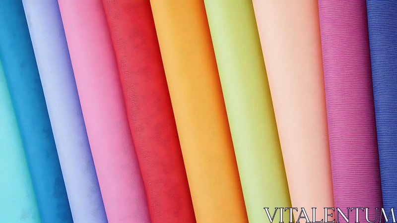 Colorful fabric rolls form diagonal spectrum gradient rows.