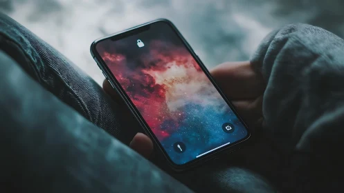 Smartphone lock screen shows colorful space nebula image.