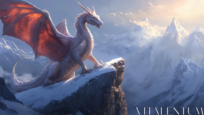 Majestic crimson-winged dragon surveying icy mountain realm.