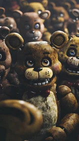 Close-up view of worn animatronic bear among many peers.