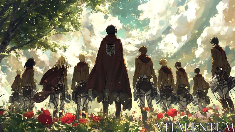 Scouting soldiers stride through flowers under brilliant sky.