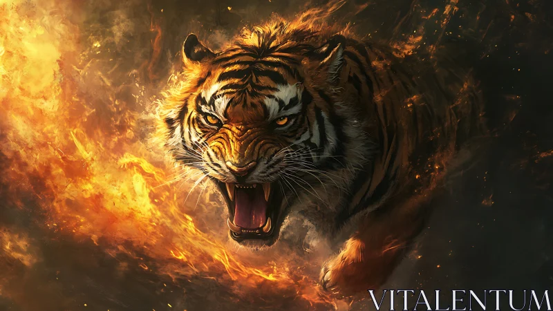 Blazing tiger leaps through roaring flames with fierce grace