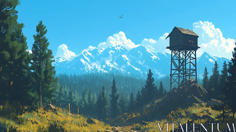 Lonely wooden watchtower quietly overlooks sunlit pines