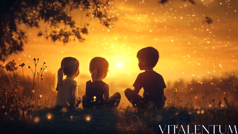 Three Children Silhouetted Against Golden Sunset Over Wildflower Field.