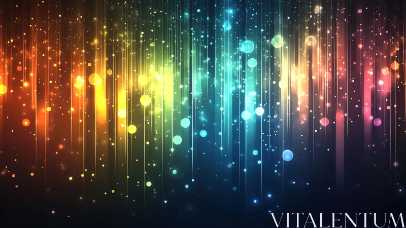 Vibrant abstract light streaks and bokeh in rainbow colors, digital art.