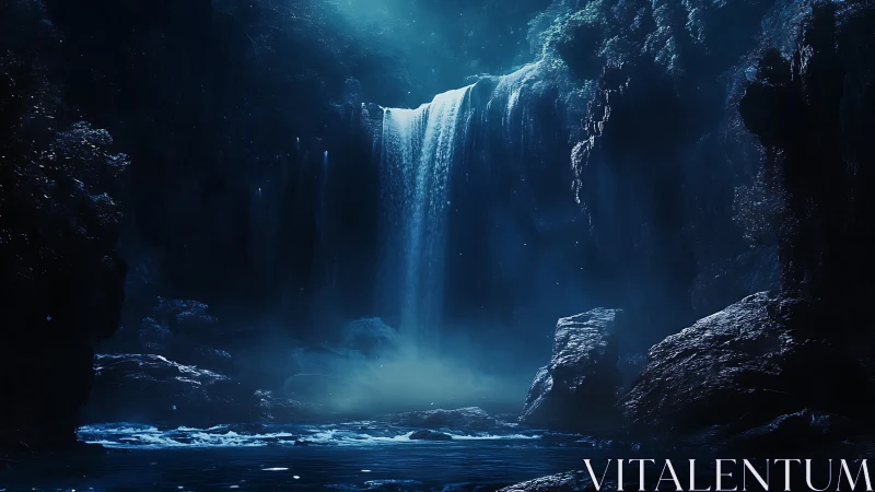 Nocturnal cascade in luminescent blue cavern atmosphere.