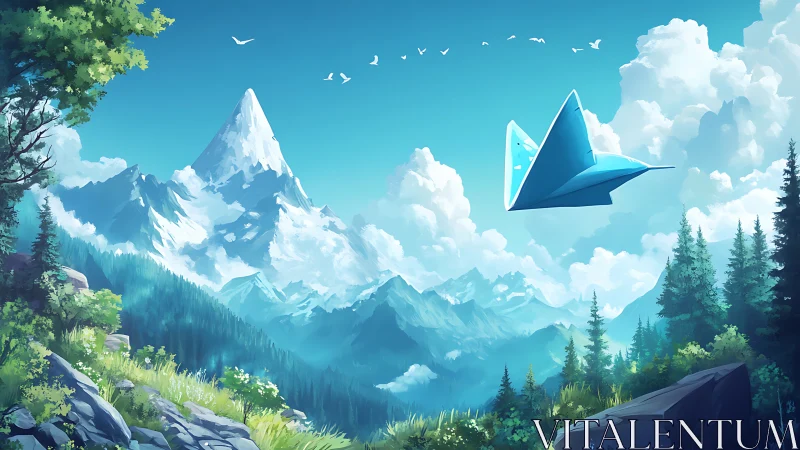 Futuristic blue aircraft glides above bright alpine valley.