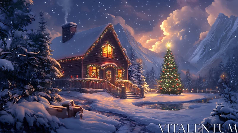 Snow-laden cabin with illuminated Christmas tree at twilight