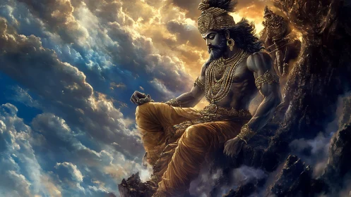 Mythic armored deity seated on rocky precipice amid luminous clouds