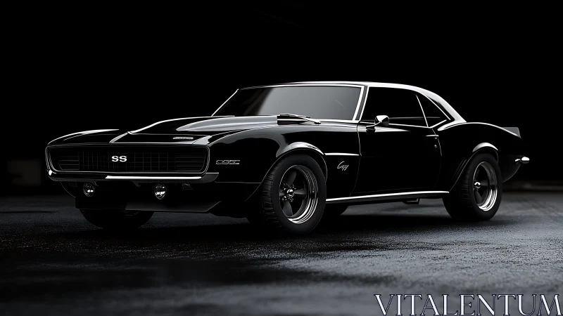 Midnight black muscle car prowls under cinematic studio light.