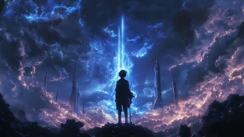 Concept art celestial gateway with lone silhouetted figure.