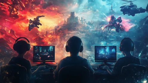 Trio of gamers dive into a split fiery and neon cyberworld.