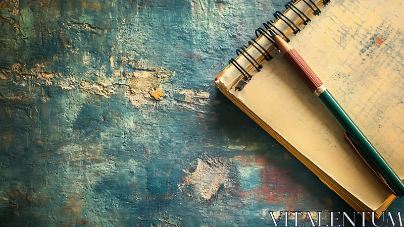 Vintage notebook and pencil rest on textured teal desk.