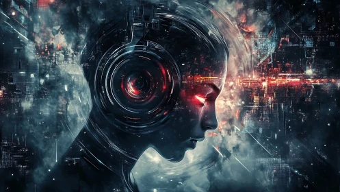 Cybernetic mind merges with neon data storm horizon.