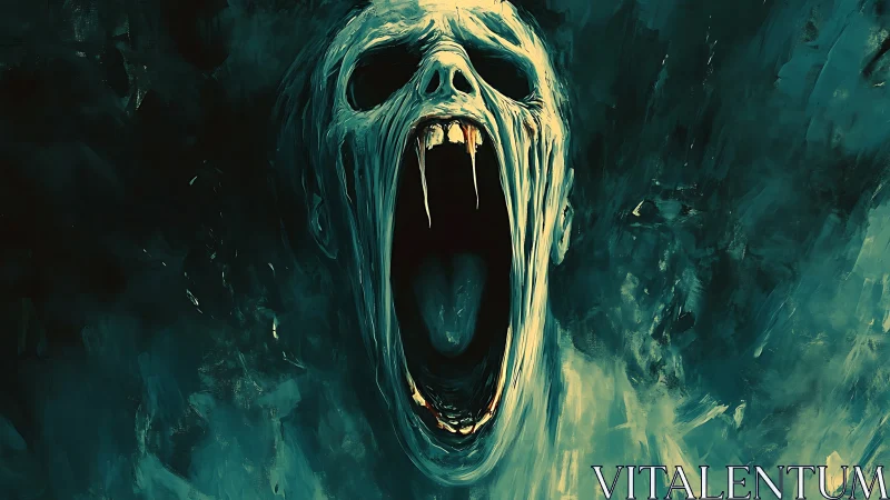 Elongated spectral skull face with open mouth in teal tones.