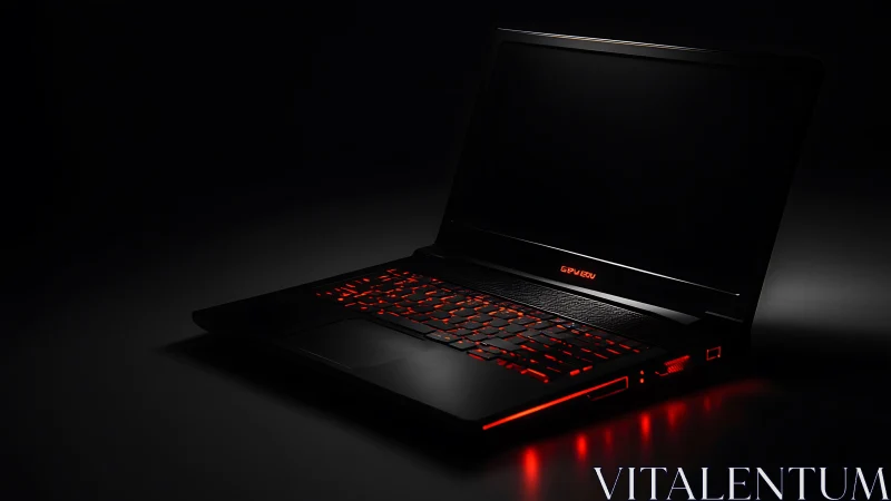Midnight gaming laptop glows with molten red circuitry light.
