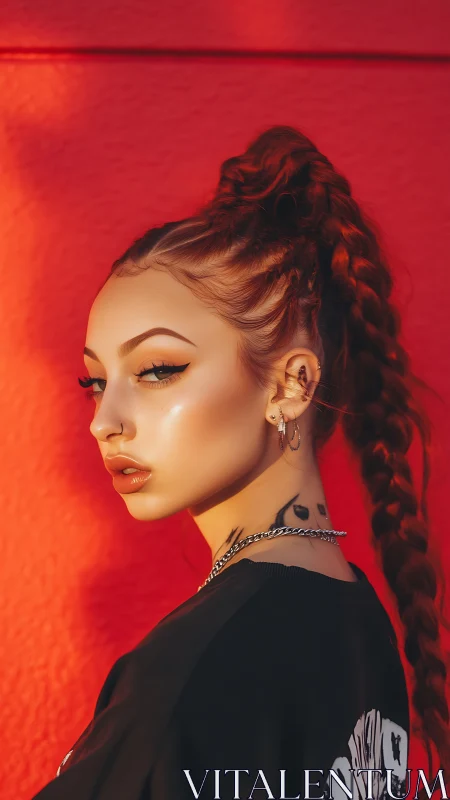 Portrait of braided woman against bold red wall background.