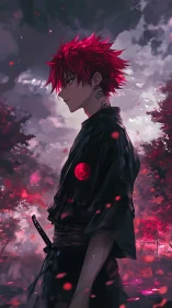 Crimson moon ronin amid storm-torn sakura dusk.