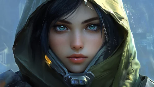 Hooded cybernetic scout portrait with luminescent teal optics.