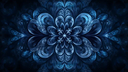 Fractal blue floral mandala with luminous swirling petals.