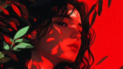 Digital portrait shows face in foliage with red directional light