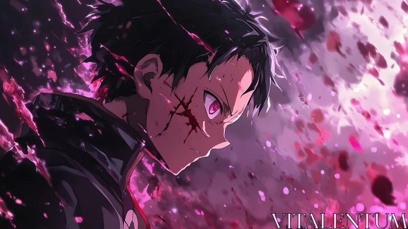 Scarred anime warrior amid explosive crimson energy storm.