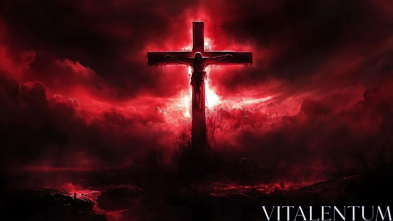 Cruciform silhouette against dense red storm cloud field.