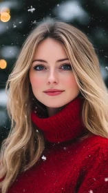 Winter portrait of blonde woman in vivid red sweater.
