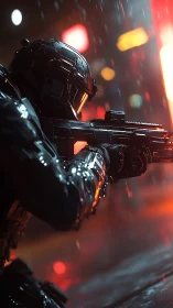 Armored cyber soldier aiming rifle in neon rainfall.