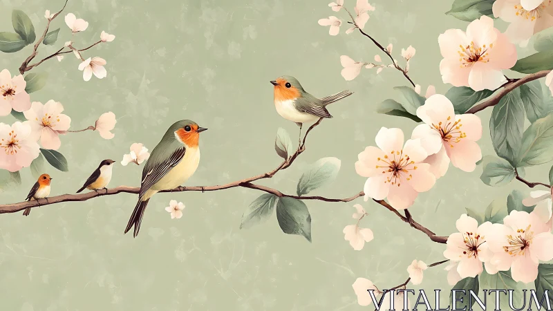 Songbirds on cherry blossom branches against green field.