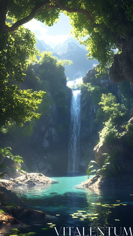 Sunlit jungle waterfall descends into clear turquoise pool