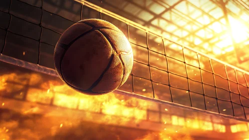 Fiery volleyball moment soaring across a sunlit court.