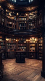 Vertical library interior with ornate woodwork and warm lighting gradients