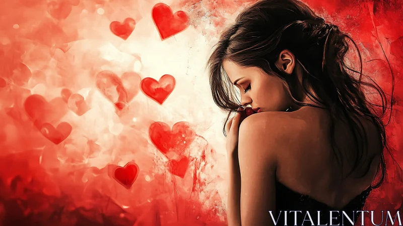 Daydreaming Hearts: Woman Contemplates Love Amongst Crimson Splendor