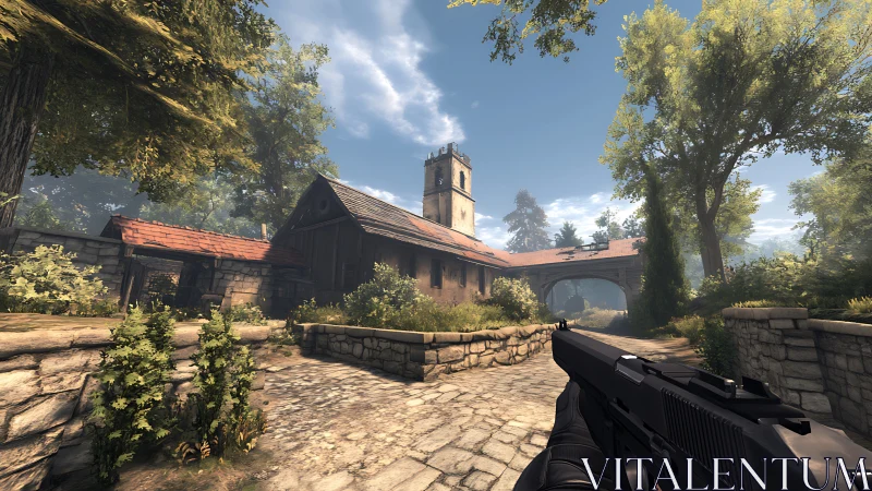 First-person shooter courtyard with detailed foliage shading and AO